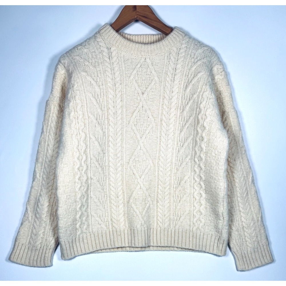 JM Cooper Knitwear British Wool Fisherman Sweater Large Ivory Crew Neck Coastal